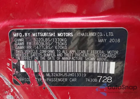2018 Mitsubishi Mirage Es z USA, uszkodzony, nr VIN ML32A3HJ5JH013319